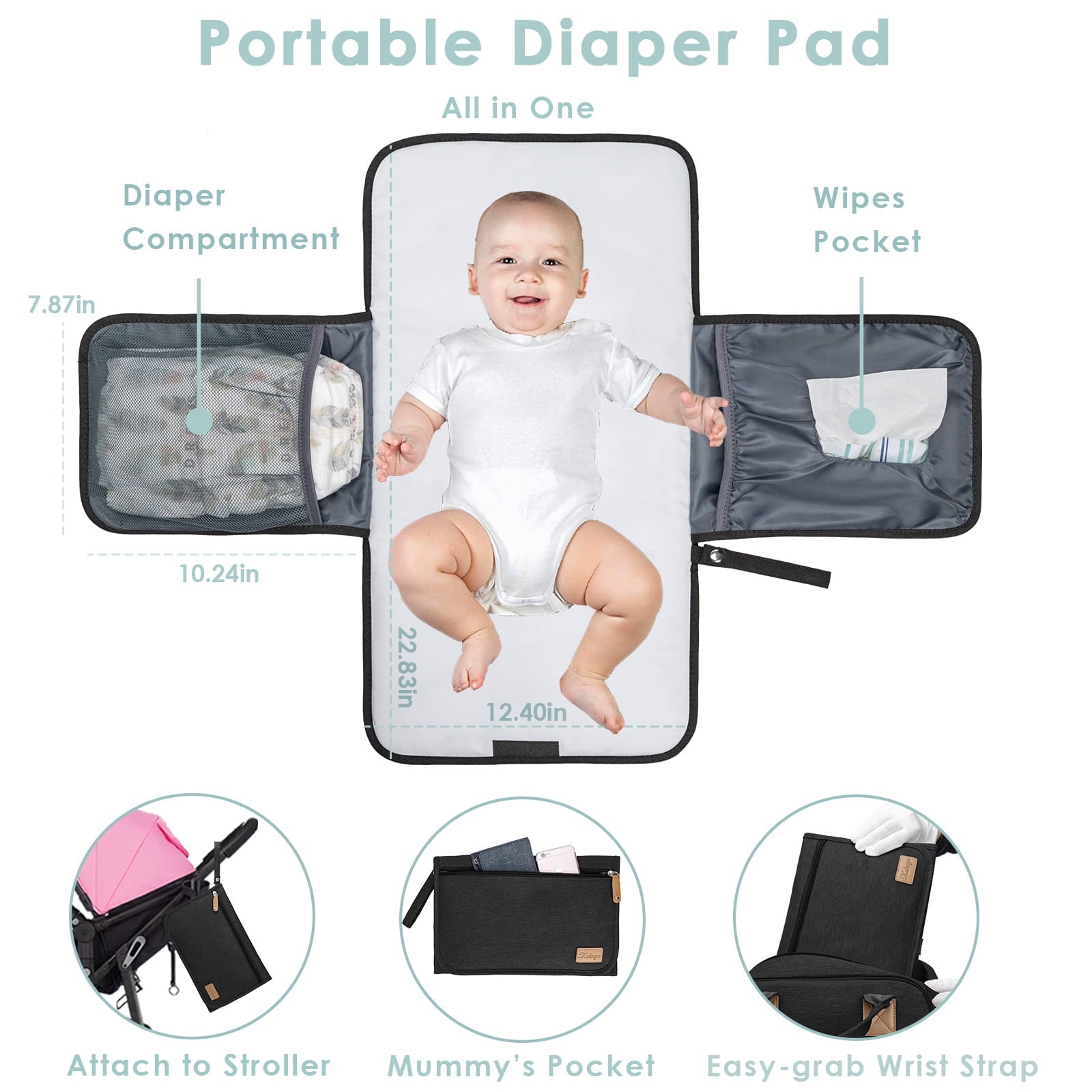 Large Baby Diaper Backpack, Multifunction Waterproof Mom Bag with Changing Pad, Black