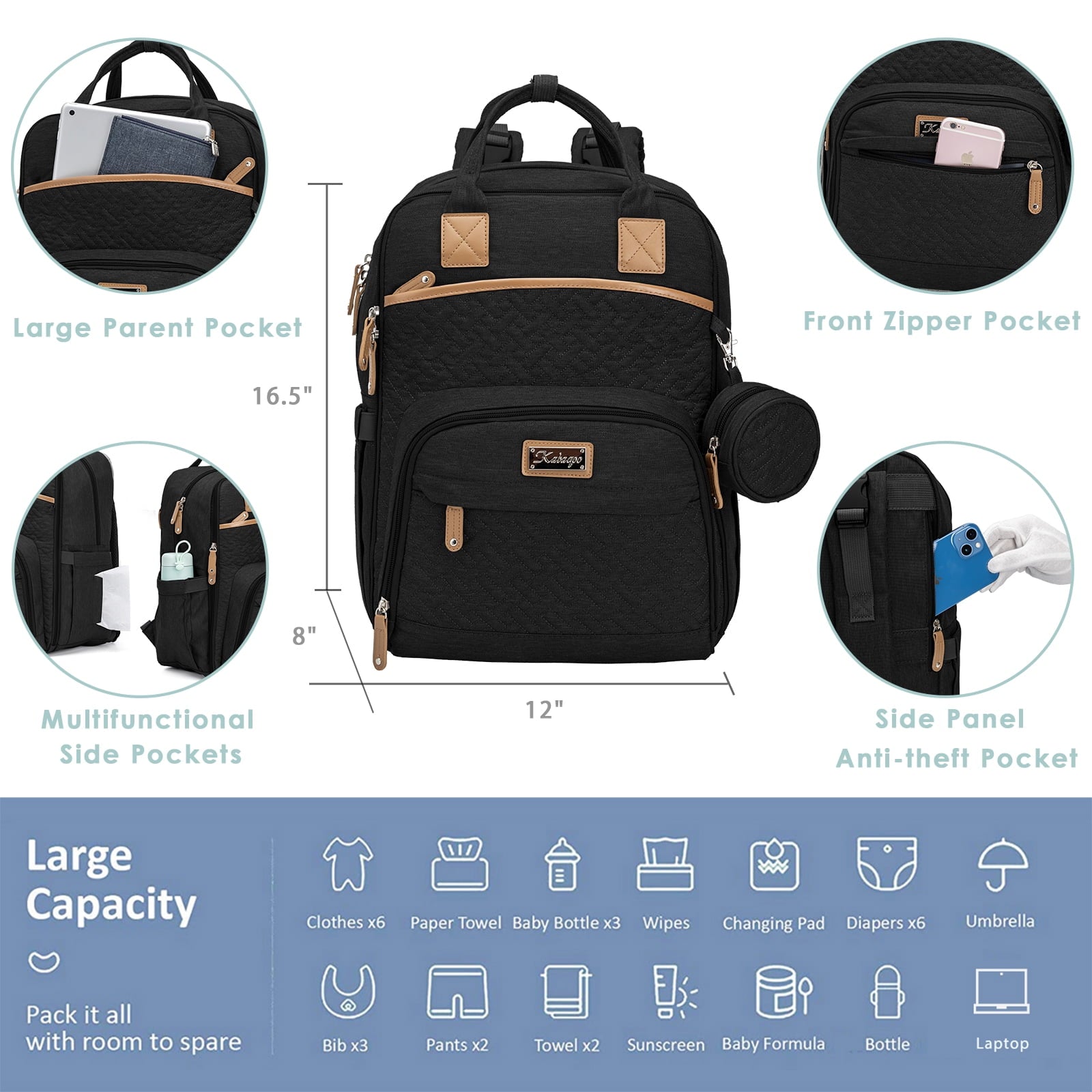 Large Baby Diaper Backpack, Multifunction Waterproof Mom Bag with Changing Pad, Black